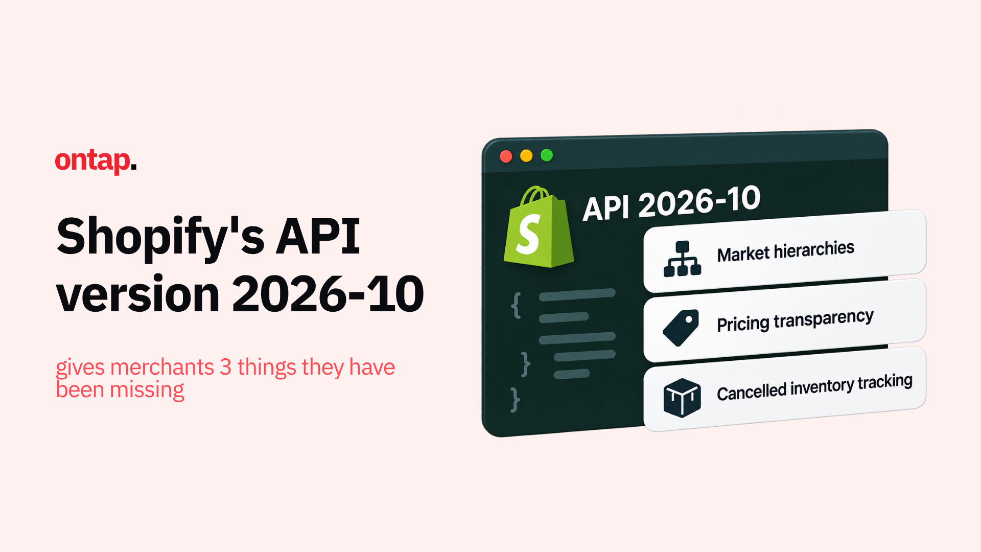 Shopify's API version 2026-10 gives merchants three things they have been missing: market hierarchies, pricing transparency, and cancelled inventory tracking