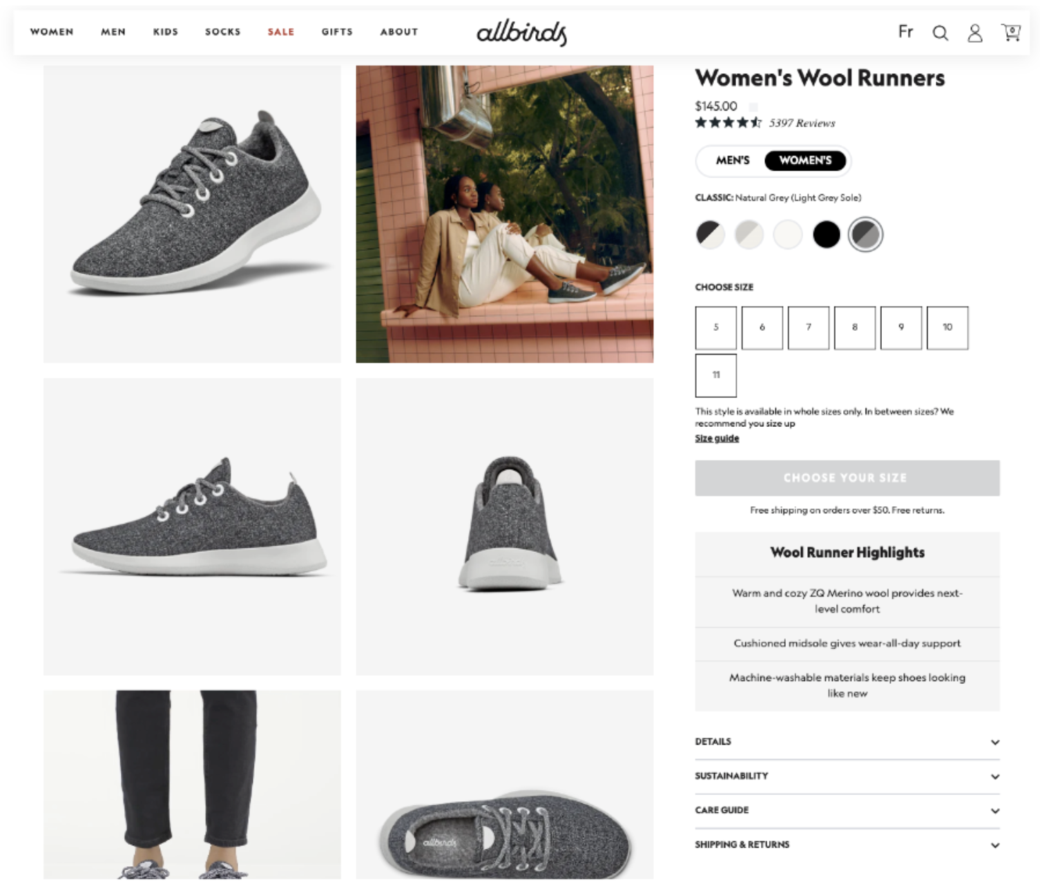 Allbirds' best-practice product page design