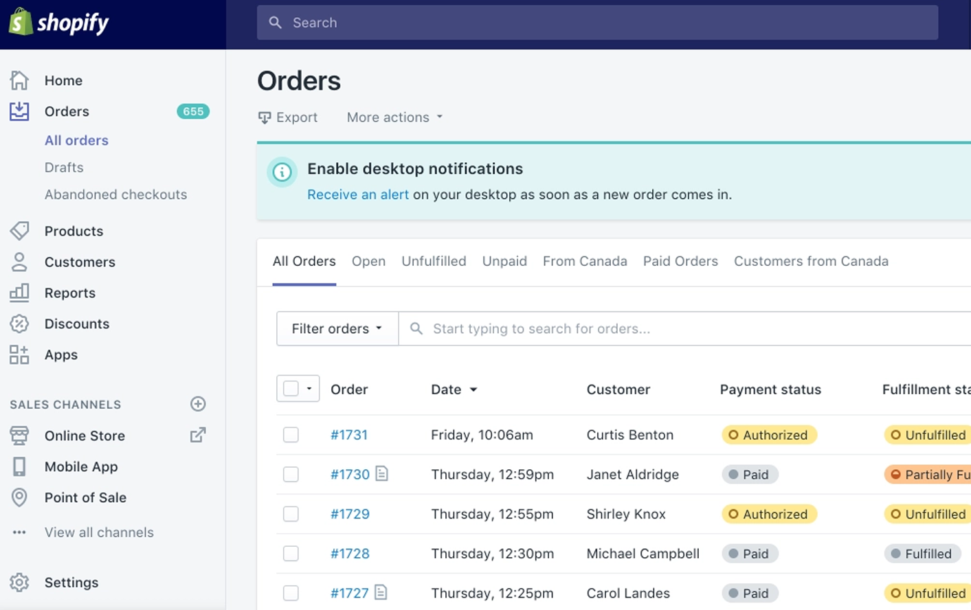 Shopify Admin Panel