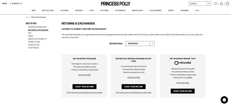 Princess Polly return and exchange page